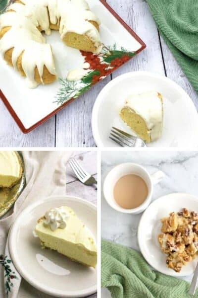 collage image of the best eggnog dessert recipes, including cake, pie, and bread pudding