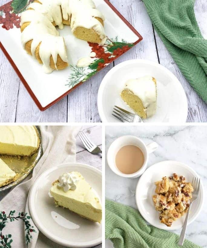 collage image of the best eggnog dessert recipes, including cake, pie, and bread pudding
