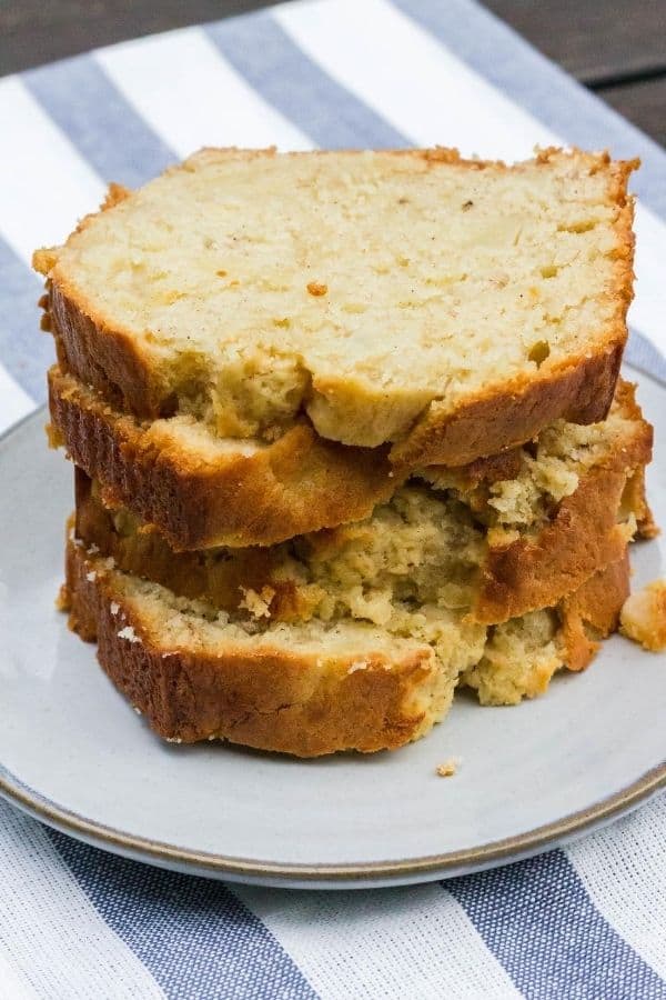 stack of banana pear bread slices on a gray plate