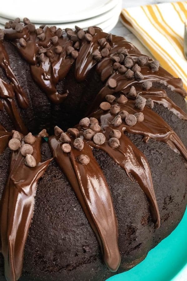Triple chocolate bundt cake made with a box of devil's food cake and chocolate pudding, topped with chocolate ganache glaze and chocolate chips