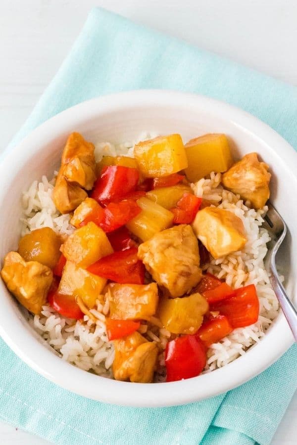 Hawaiian chicken and rice bowl that was cooked in the Instant Pot pressure cooker