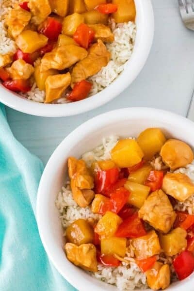 two bowls of Instant Pot Hawaiian chicken and rice ready to be served