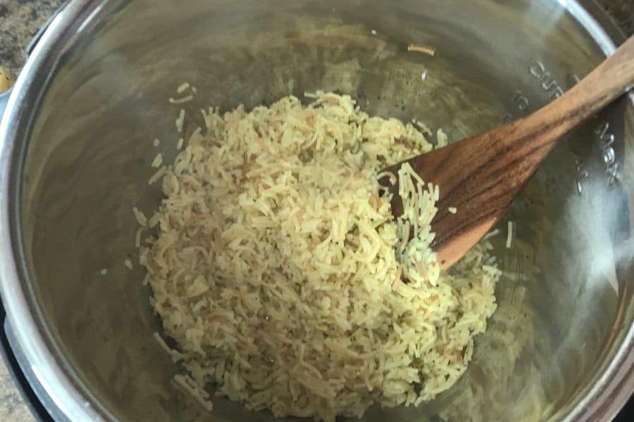 Cooked Rice-a-Roni in the insert pot of the Instant Pot