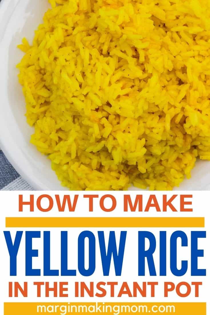 white plate with a helping of yellow saffron rice on it, which was cooked in the Instant Pot