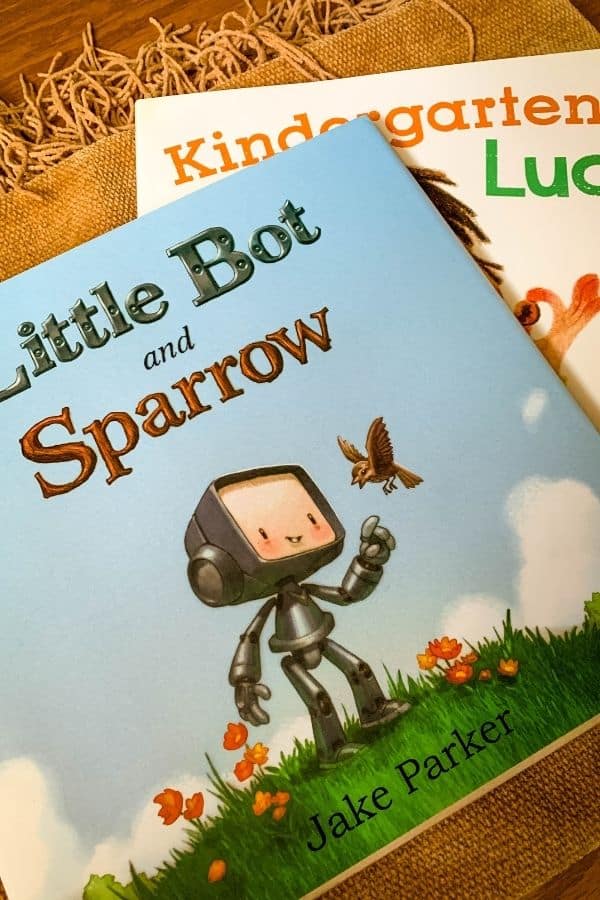 Little Bot and Sparrow book and Kindergarten Luck book, both from the kids' subscription box Bookroo