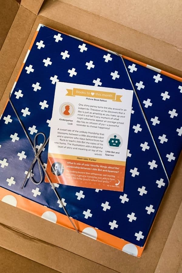 one book wrapped in orange and white wrapping paper and another book wrapped in blue and white wrapping paper, tied together with a silver ribbon in a cardboard box. These children's books were mailed from Bookroo.