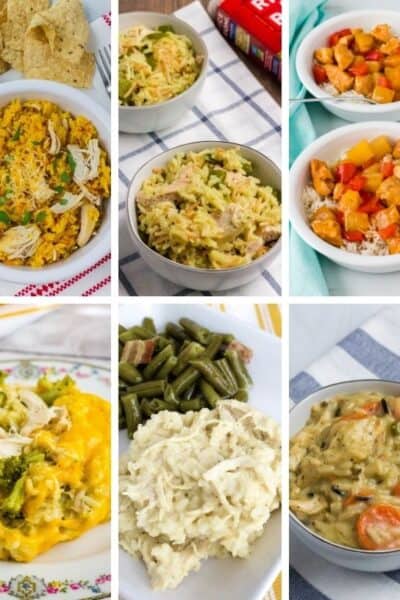 collage image of six different varieties of Instant Pot chicken and rice