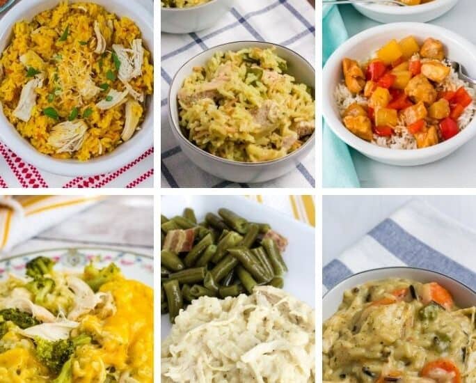 collage image of six different varieties of Instant Pot chicken and rice