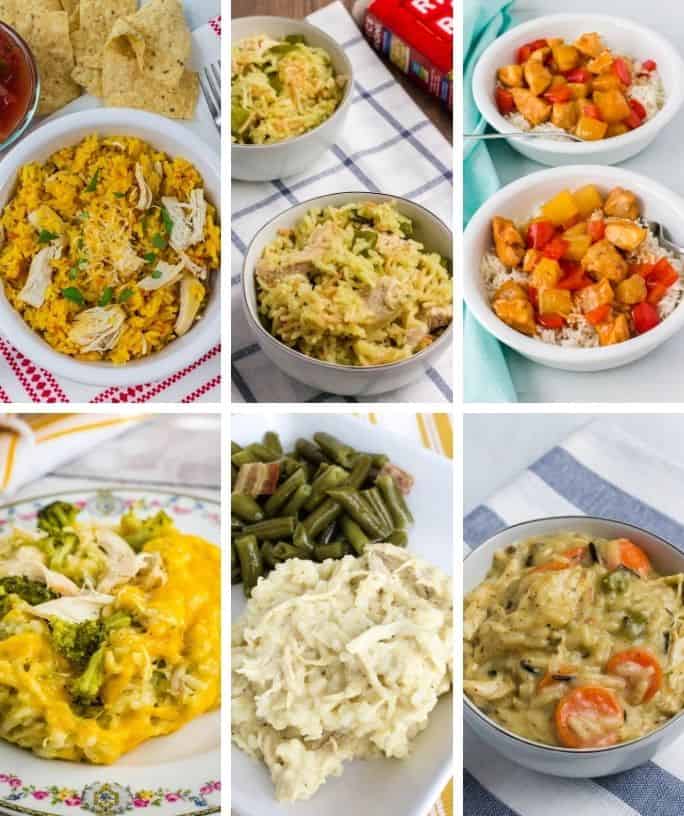 collage image of six different varieties of Instant Pot chicken and rice
