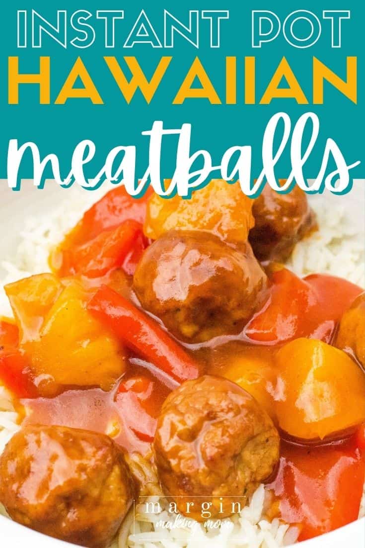 Pressure cooker Hawaiian meatballs over rice in a white dish.