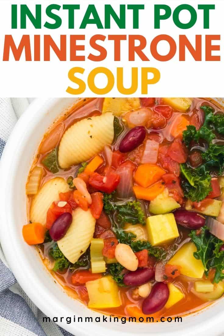 white bowl of Instant Pot minestrone soup, similar to Olive Garden's soup