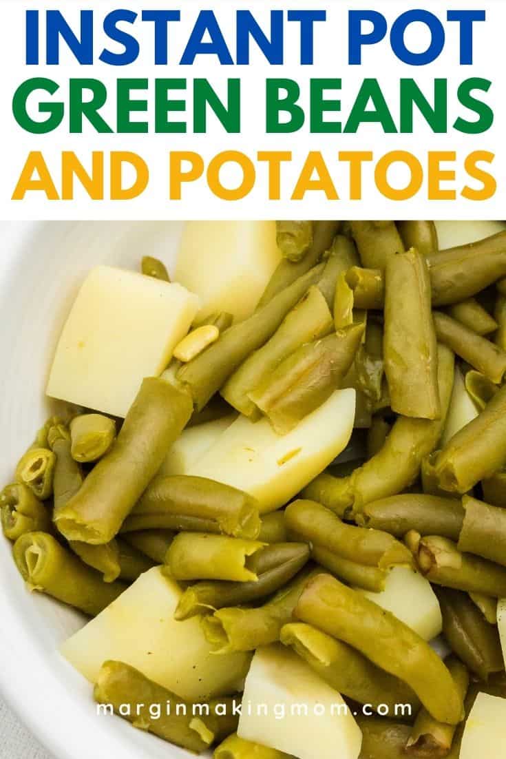 pressure cooker green beans with potatoes in a white bowl, ready to be served