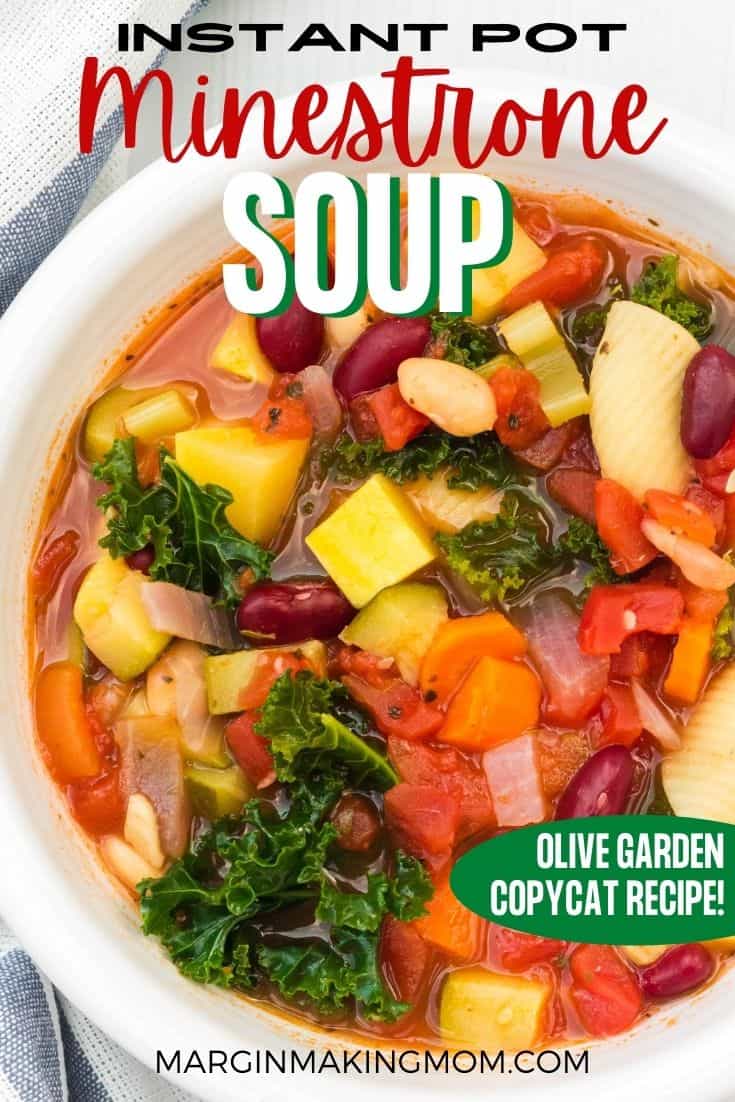 a white bowl of pressure cooker minestrone soup made with an Olive Garden copycat recipe.