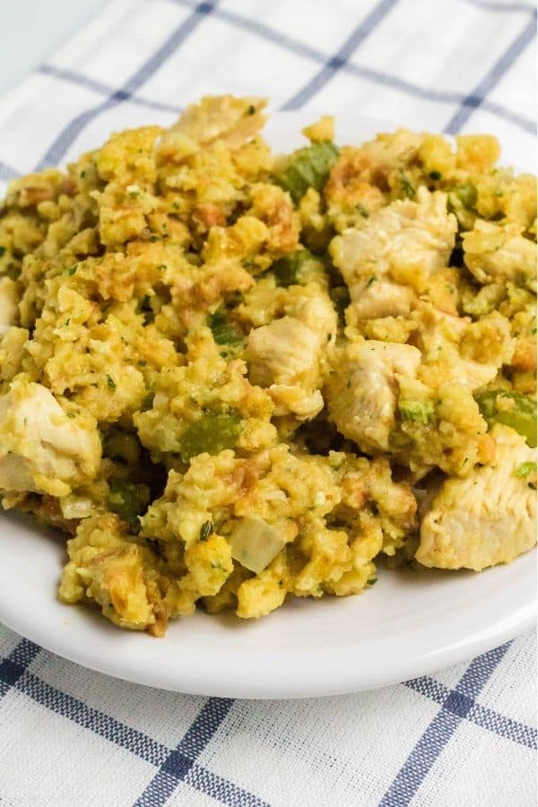 Instant Pot chicken and stuffing on a white plate. Includes chunks of chicken breast, prepared stuffing, celery, and onions.
