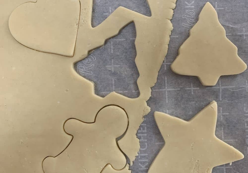 Cookies cut out of Bisquick sugar cookie dough.