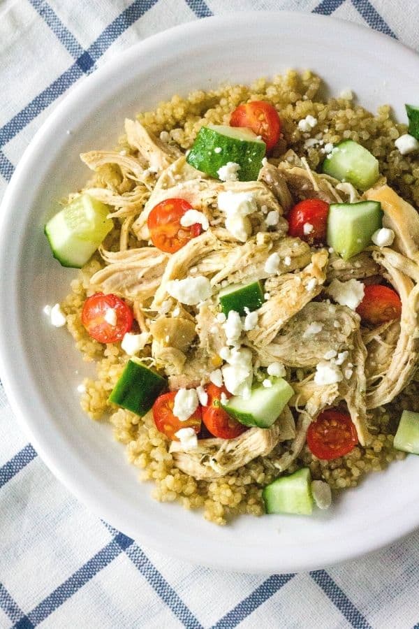 Instant Pot pressure cooker Greek chicken bowl being served on a white dish.