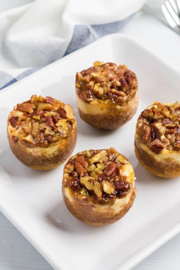 a 45 degree view of miniature pecan pie cheesecakes cooked in an egg bites mold in the Instant Pot