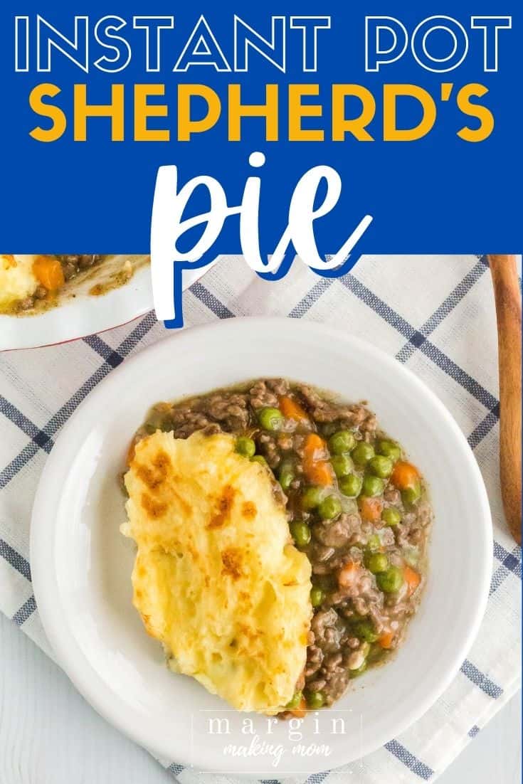 a white plate with a helping of Instant Pot shepherd's pie on it
