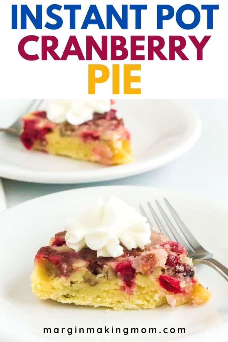 Two white plates, each serving a slice of Nantucket cranberry pie cooked in the pressure cooker