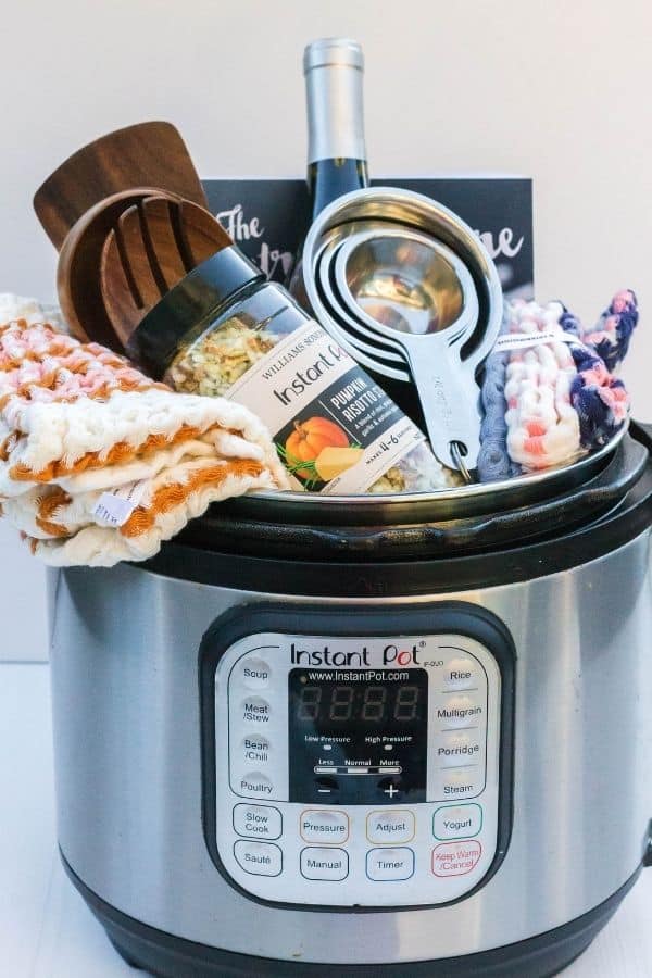 a newlywed-themed Instant Pot gift basket, perfect for a bridal shower