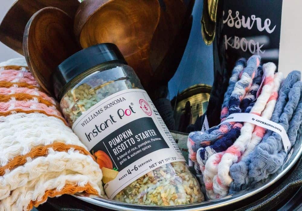 close-up view of the contents of the Instant Pot gift basket for newlyweds