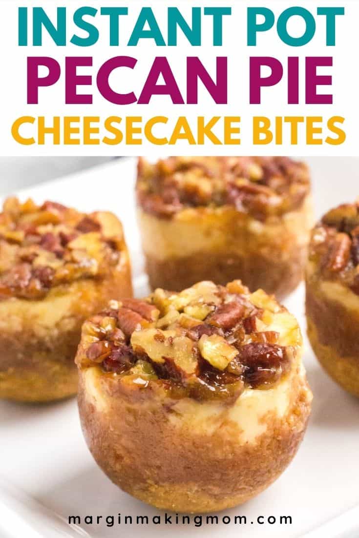 close-up view of four Instant Pot pecan pie cheesecake bites on a white plate