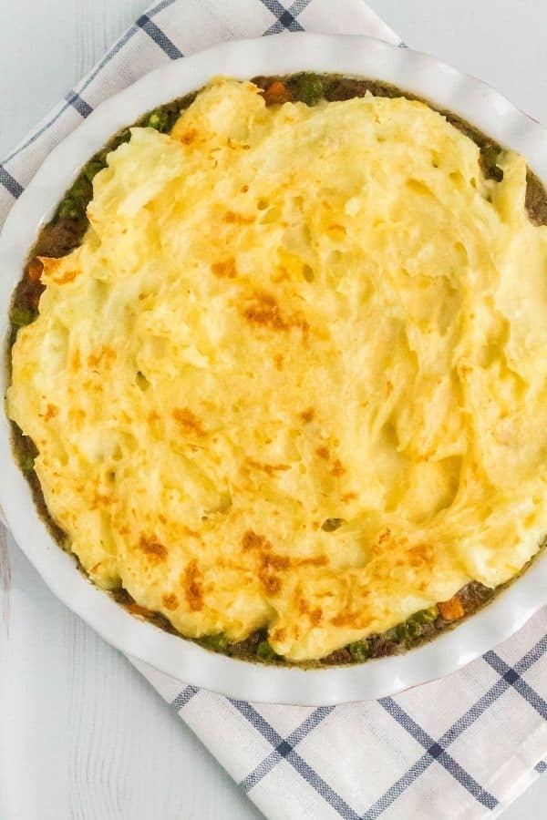 aerial view of a pie pan of shepherd's pie cooked in the Instant Pot pressure cooker