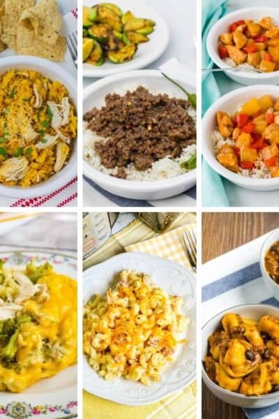 collage image featuring six Instant Pot weeknight dinners that can be made quickly