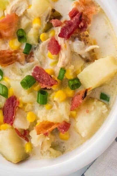 white bowl filled with Instant Pot chicken and corn chowder