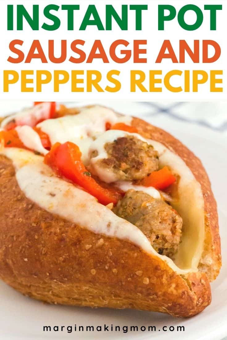 a bolillo roll filled with provolone cheese and Instant Pot sausage and peppers