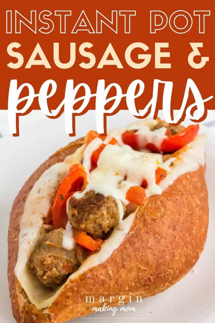 a sandwich roll filled with melted cheese, Instant Pot sausage and peppers.