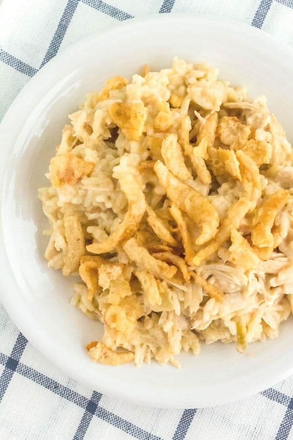 french onion chicken and rice casserole on a white plate