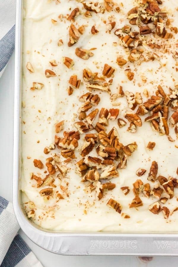 Overhead view of the 9x13" pan of homemade preacher cake, topped with cream cheese frosting and chopped pecans.