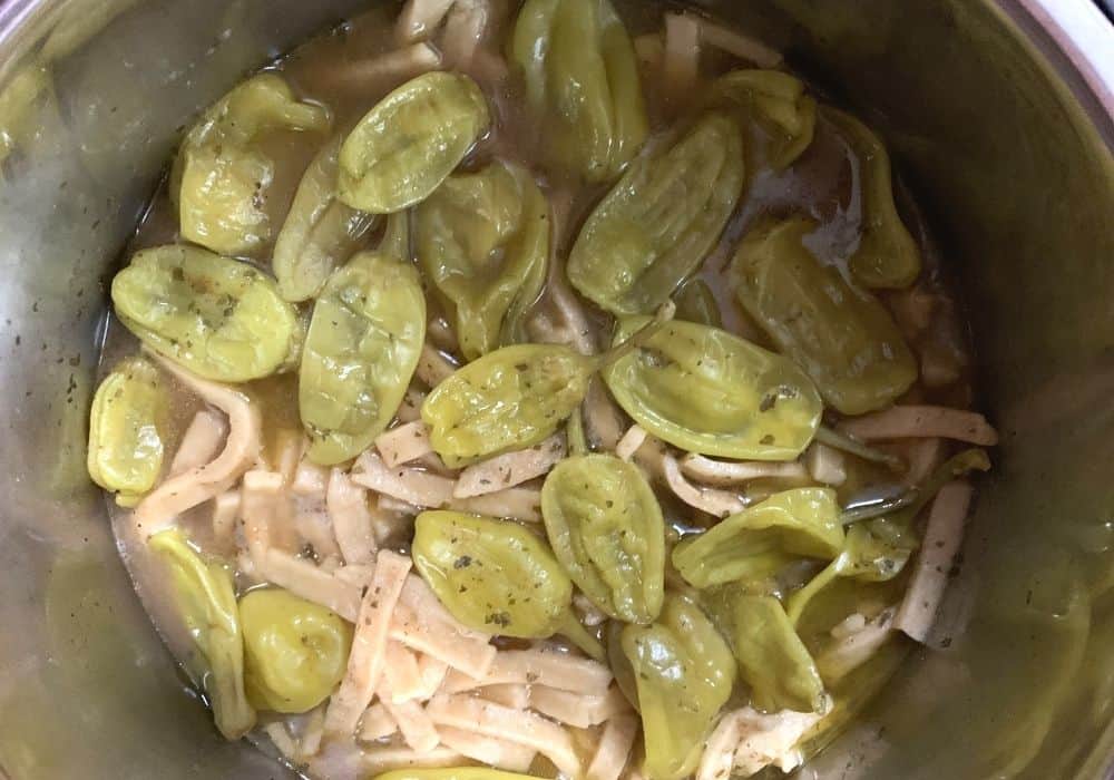 freshly cooked pepperoncini, noodles, and chicken in the Instant Pot