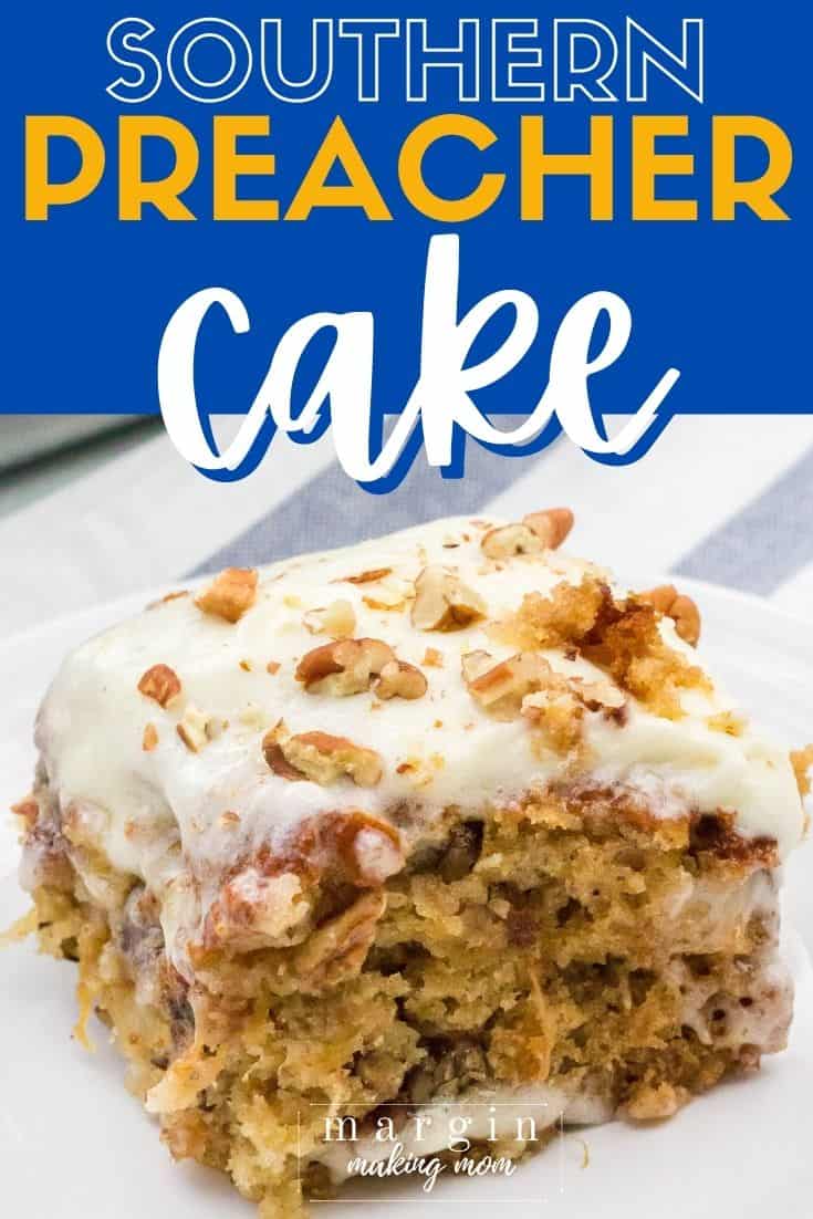 close-up view of a slice of preacher cake, showing the cream cheese frosting and pecans on top