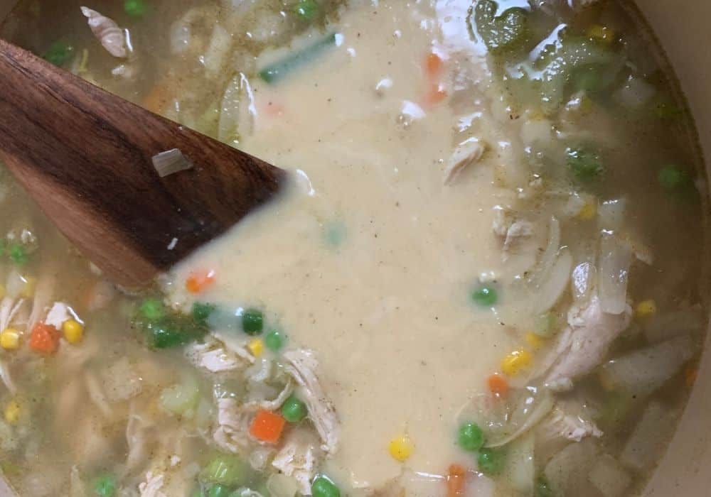 ingredients combined in a Dutch oven for making chicken and dumplings, including broth, seasonings, chicken, vegetables, and cream of chicken soup.