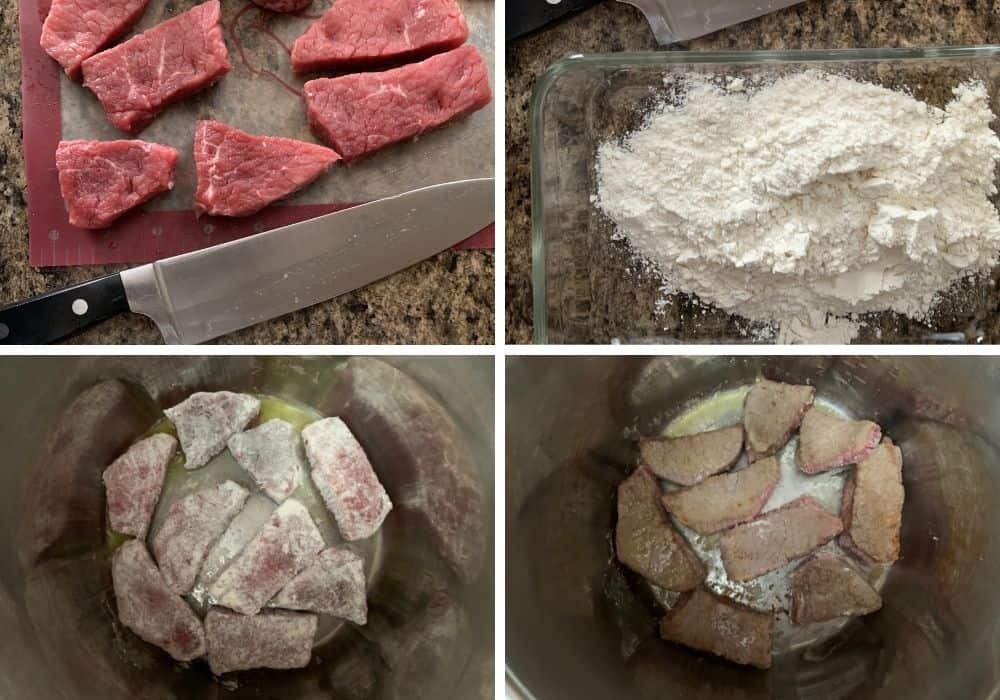 collage image showing the steps of browning the round steak in the Instant Pot for making Swiss steak.