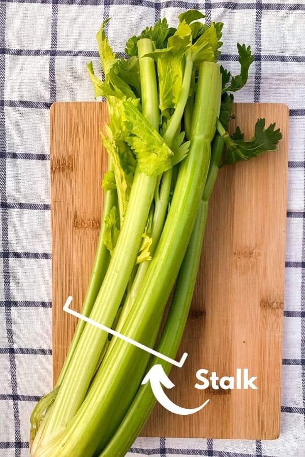 a full head of celery on a cutting board, labeled as a stalk of celery.