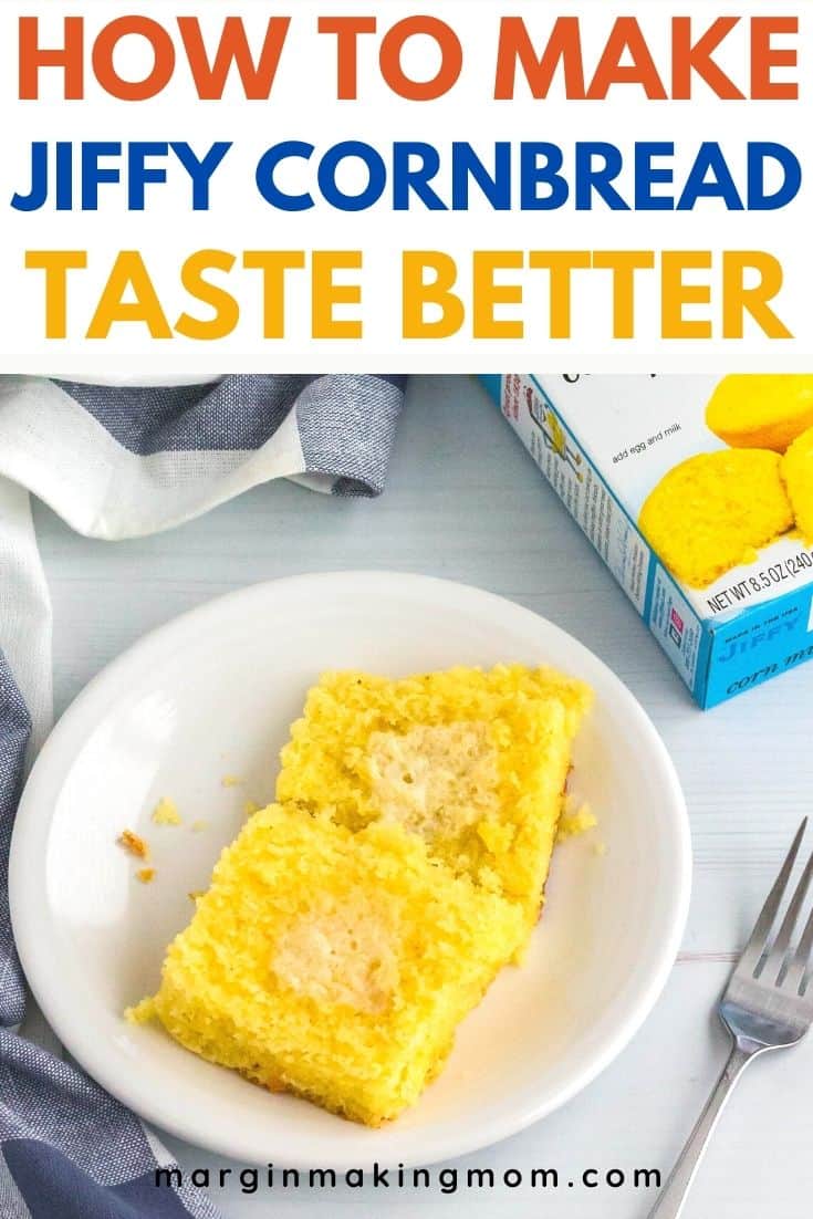 Pieces of Jiffy cornbread on a white plate, topped with melted butter, with the Jiffy box in the background