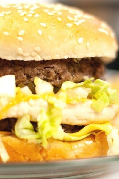 close-up view of an Instant Pot hamburger served on a bun with toppings.