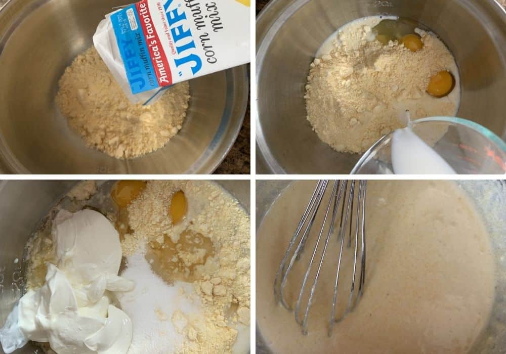 ingredients for moist Jiffy cornbread being mixed in a silver mixing bowl.
