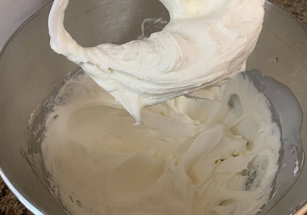 cream cheese frosting (for southern preacher cake) on the paddle attachment of a stand mixer