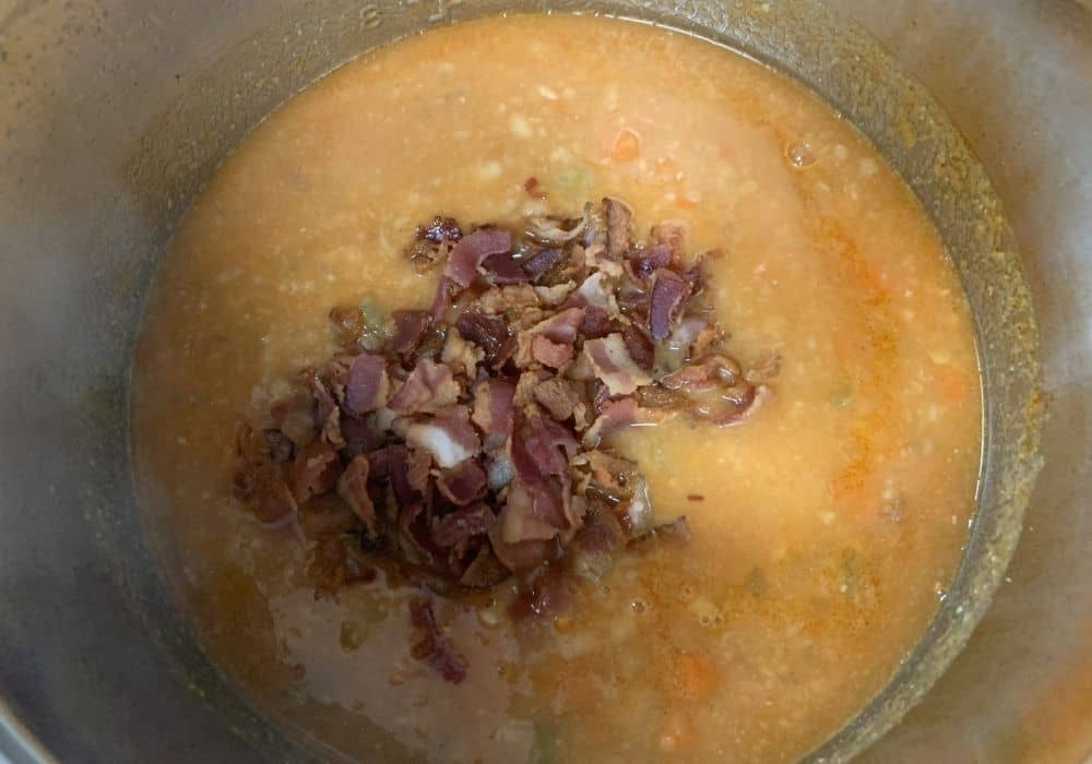 crispy bacon pieces added back into the soup prior to serving.