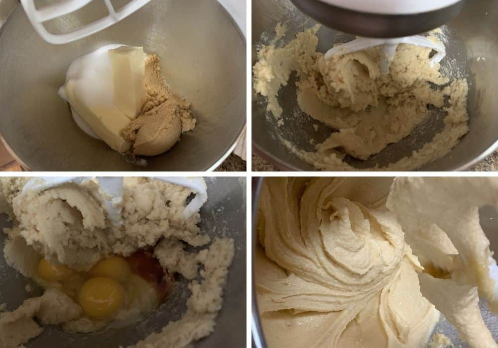 collage image showing butter and sugars being creamed together, plus the addition of eggs and vanilla extract, with a photo also showing the start of a creamy batter after mixing.
