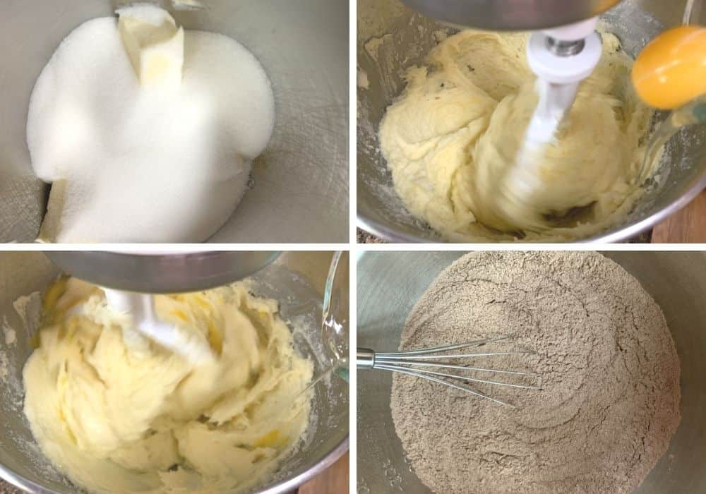 collage image showing the steps for creaming butter, sugar, and eggs for the batter.