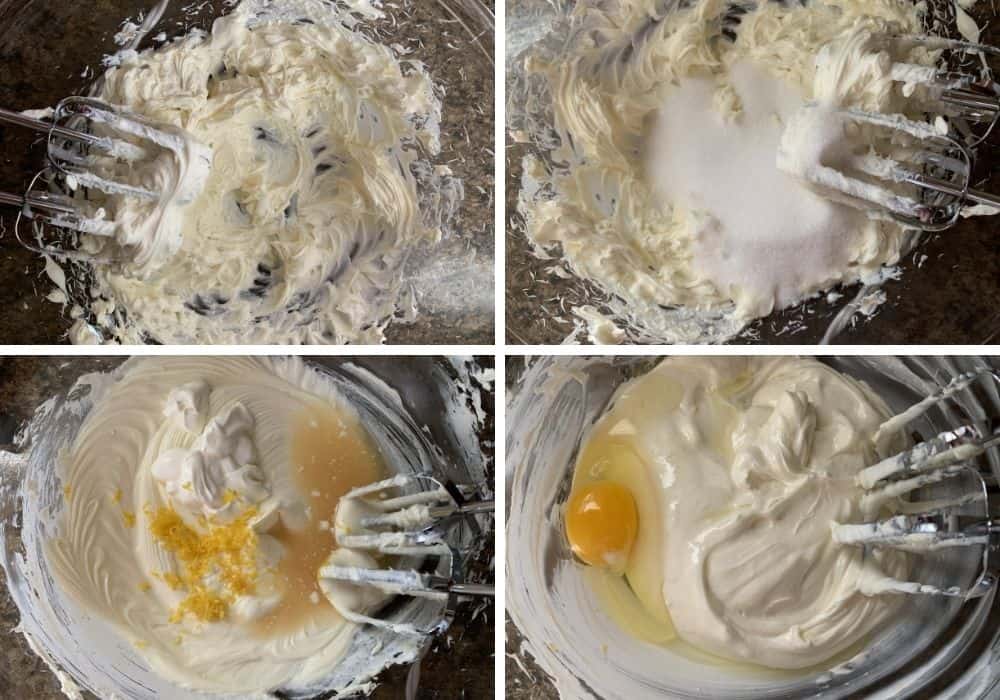 collage image showing the steps of beating the ingredients for the lemon cheesecake batter