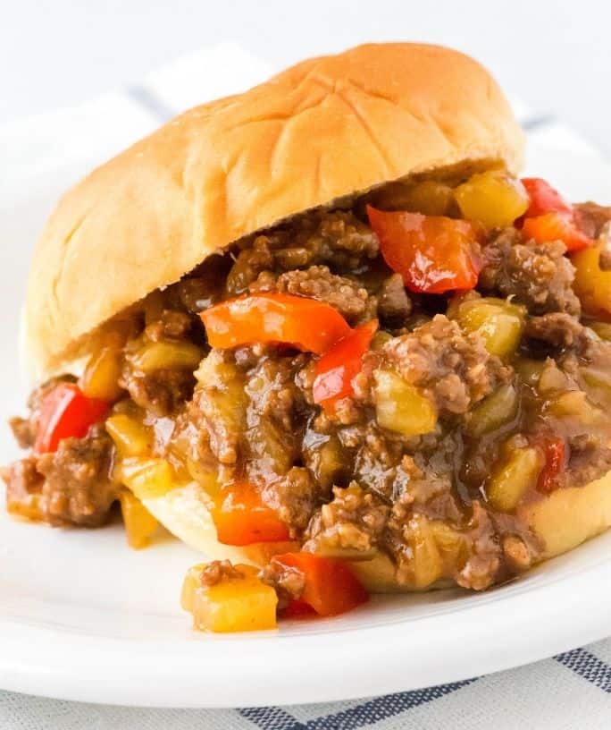 Instant Pot Hawaiian sloppy joes filling spilling out of a bun