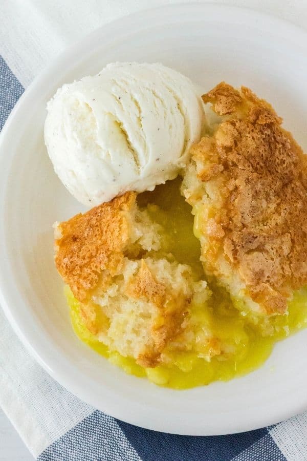 overhead view of a scoop of lemon pie filling cobbler