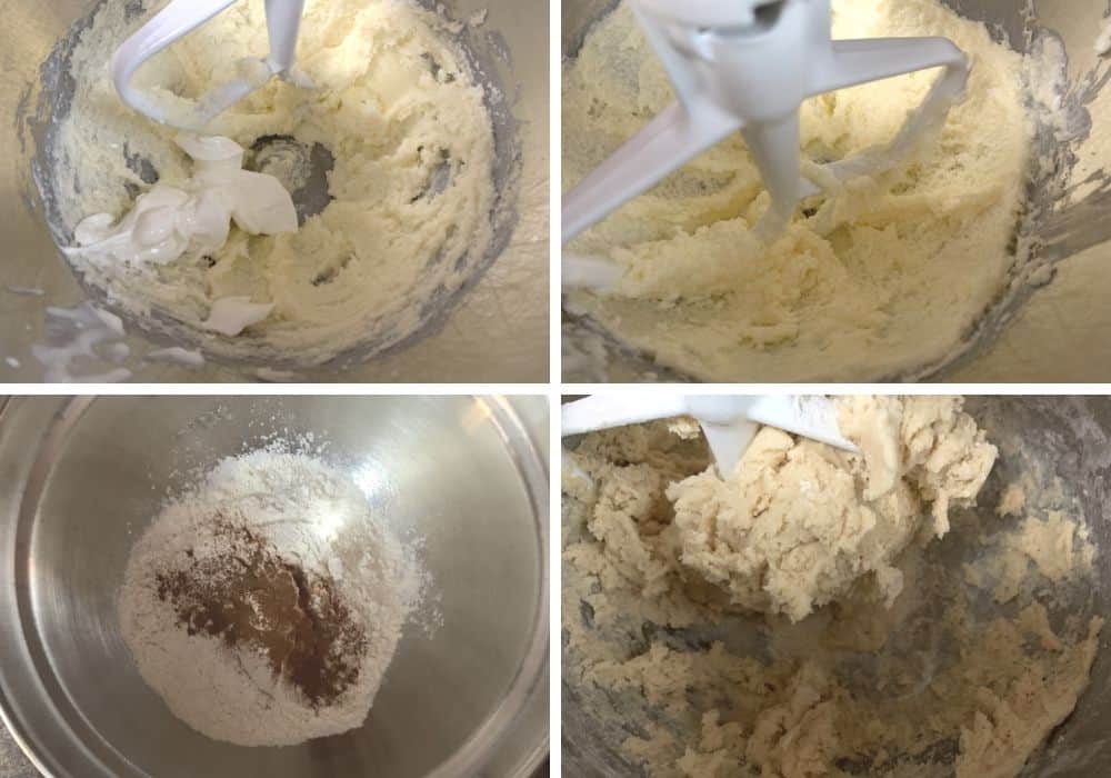 collage image showing the steps for making the dough for sour cream cutout cookies