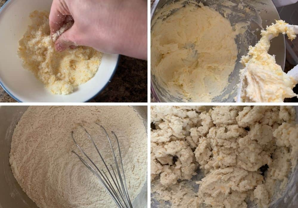 collage image showing the steps for making the dough for lemon cookies